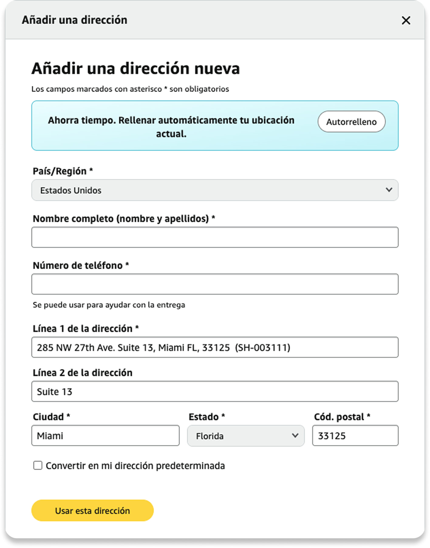 Formulario de dirección en Amazon